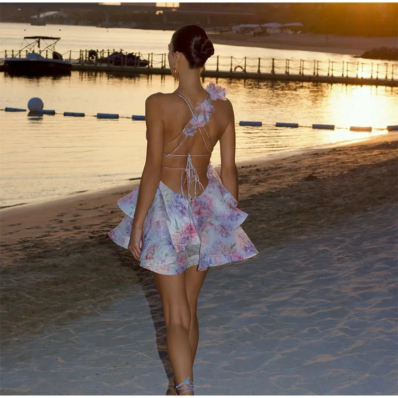 Femmes cravate-teinture 3D fleur col en V pleine sans manches Mini robes mode mince imprimé plusieurs plis robes nouvelle dame vêtements de vacances