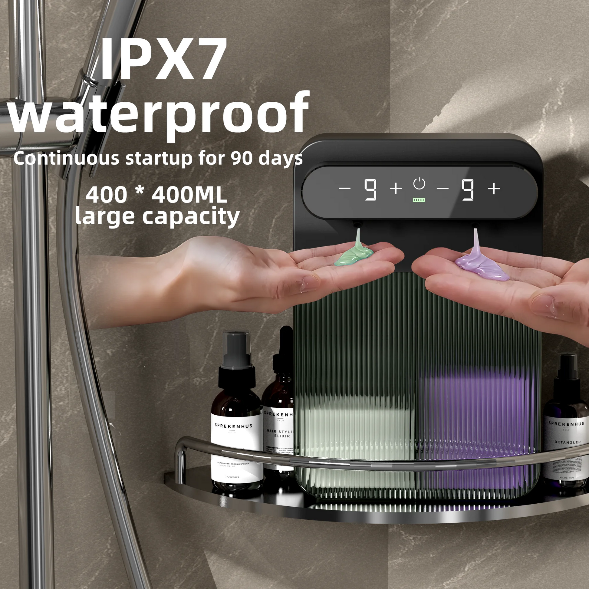 Distributeur automatique étanche IPX7 pour salle de bain, double compartiment 400ml, écran numérique