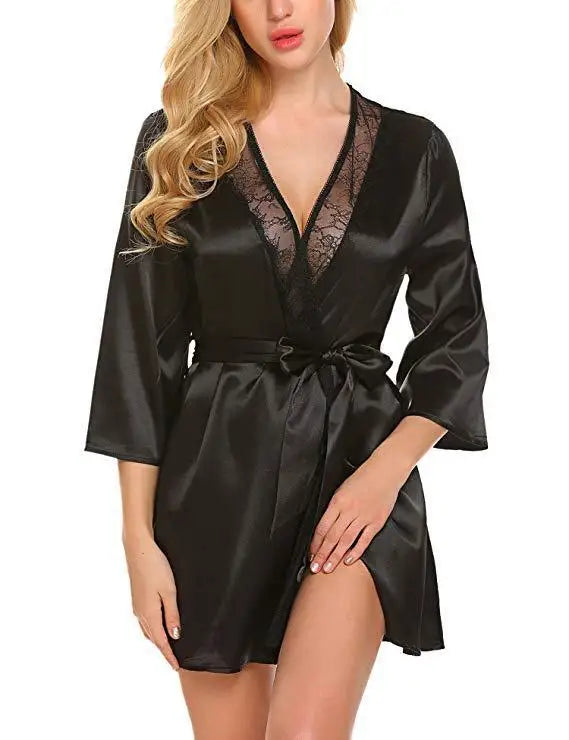 Robe de Nuit Sexy en Satin et Dentelle pour Femme, Chemise Courte, Kimono, Peignoir, Lingerie, Douce, Confortable, Noire, Grande Taille
