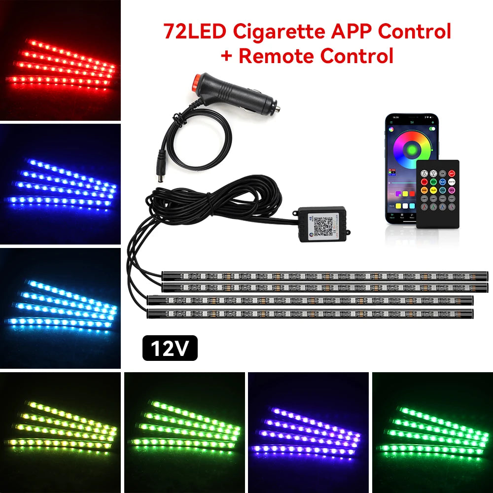 Kit de lumière d'ambiance pour intérieur de voiture, néon 36 48 72 LED, rétro-éclairage, application à distance, contrôle de la musique, lampe décorative d'ambiance RGB automatique