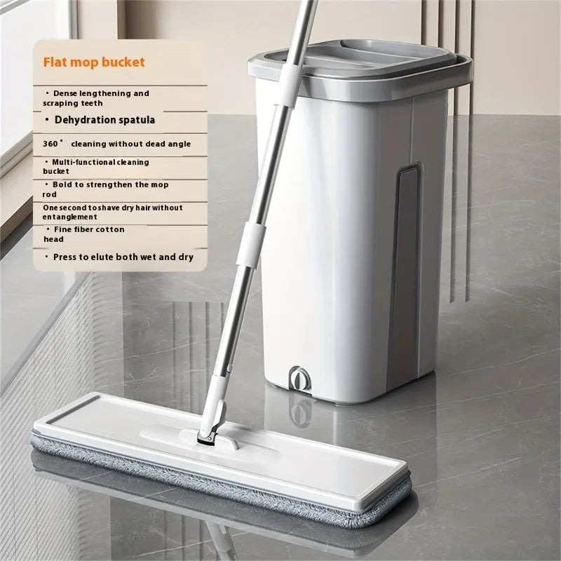 Ensemble serpillière plate et seau mains libres avec 4 tampons en microfibre réutilisables, 360° °   Tête pivotante, long manche pour le nettoyage des sols et des murs