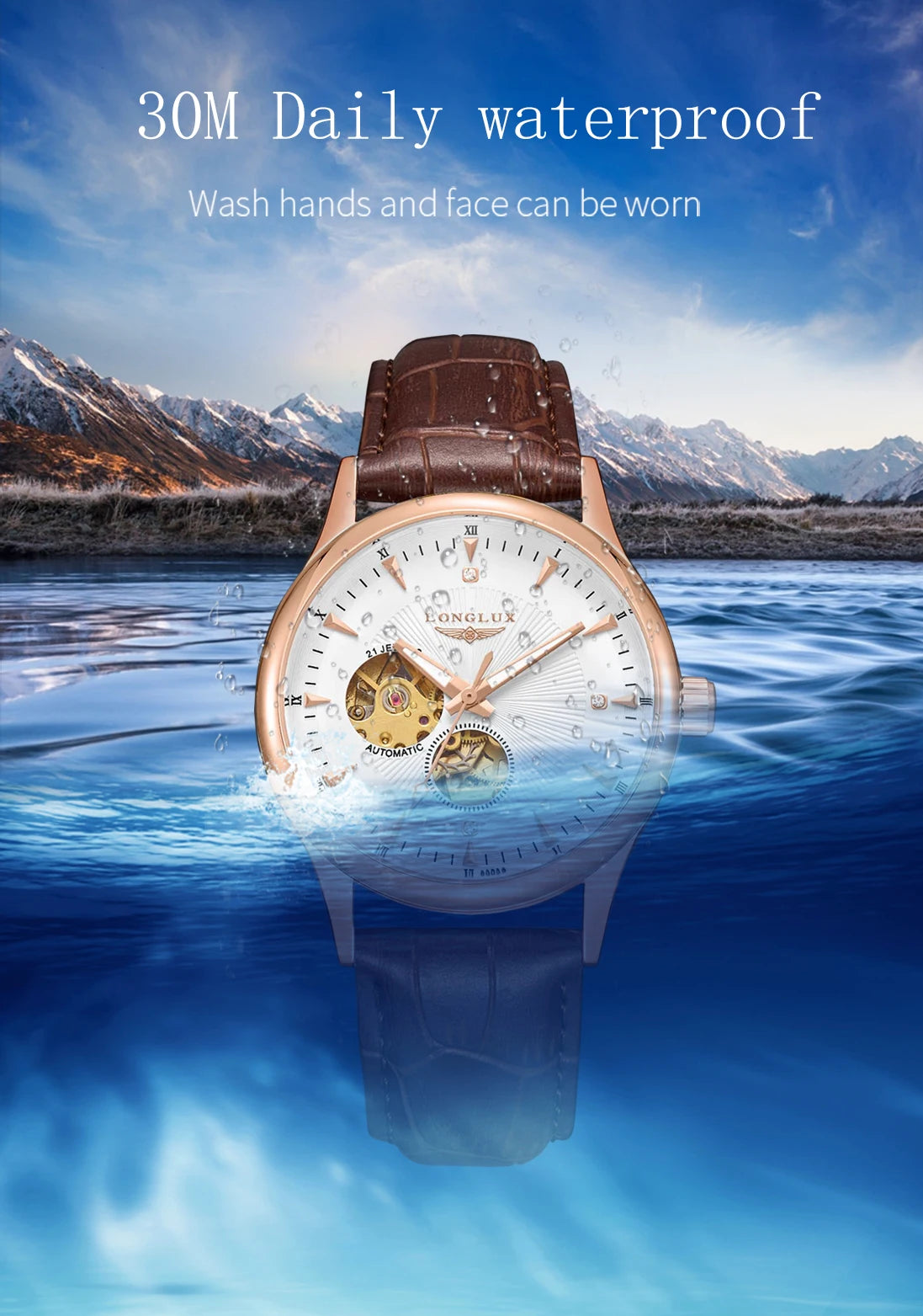 Montre automatique LONGLUX, style élégant, vente en gros, montres mécaniques squelette, cadran romain, étanche, montre homme, cadeau pour homme