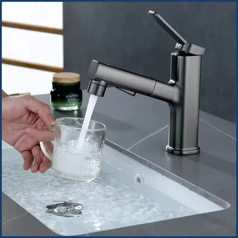 Robinet de lavabo en laiton chaud et froid, pulvérisateur à jet à 3 fonctions, pour salle de bains, poignée unique, double trou, mitigeur d'évier extractible