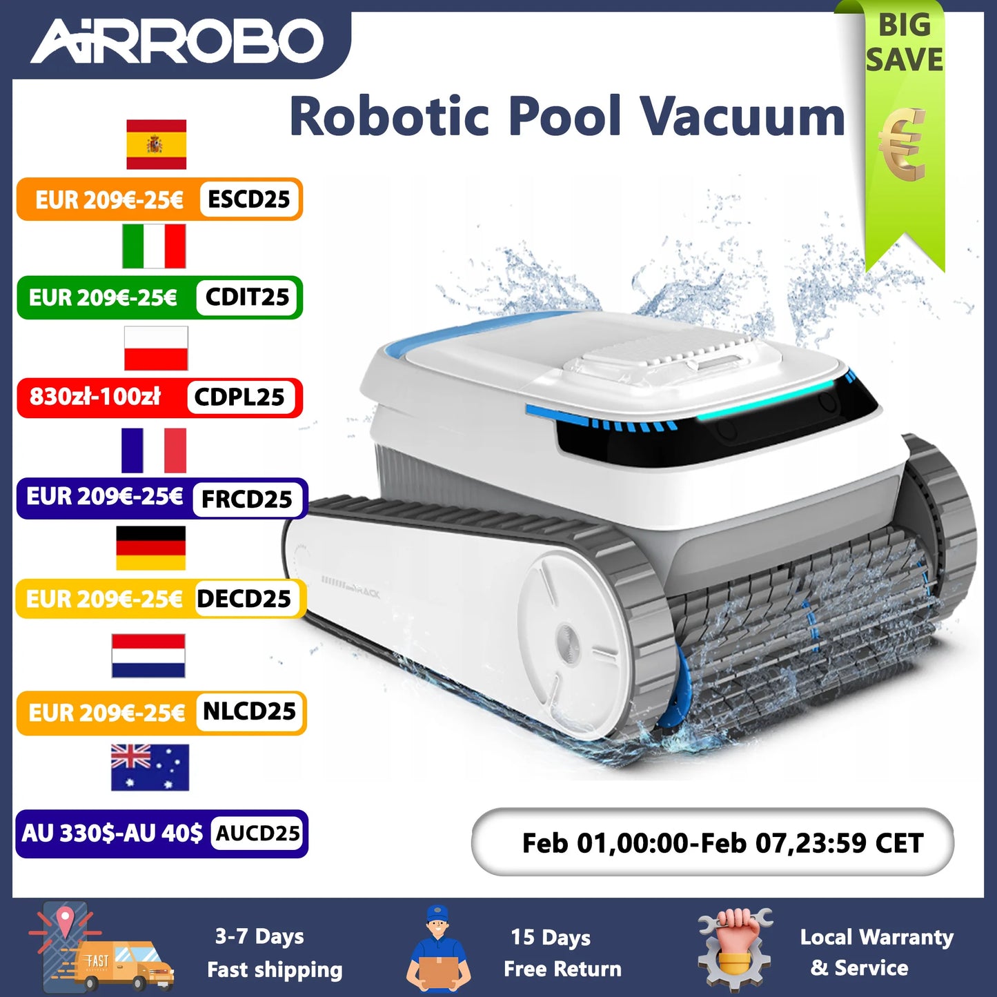 Aspirateur robotique pour piscine Airrobo, nettoyage automatique, offres spéciales par pays, livraison rapide