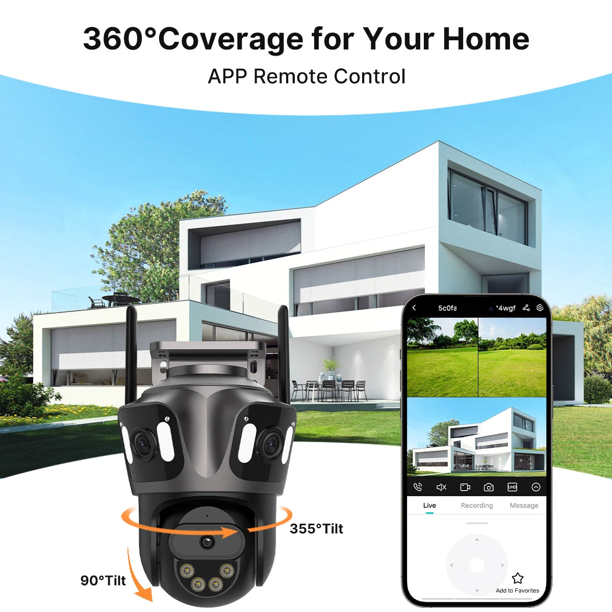 Caméra de surveillance extérieure 360° avec contrôle à distance via appli, vue sur maison moderne