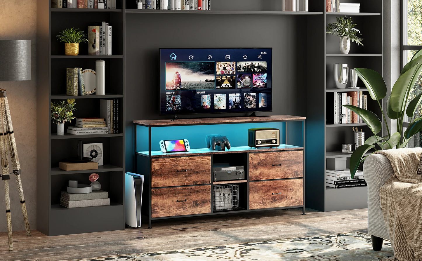 Rosahqnda Meuble TV avec 4 tiroirs, meuble TV, étagères réglables, table TV, meuble TV meuble de salon