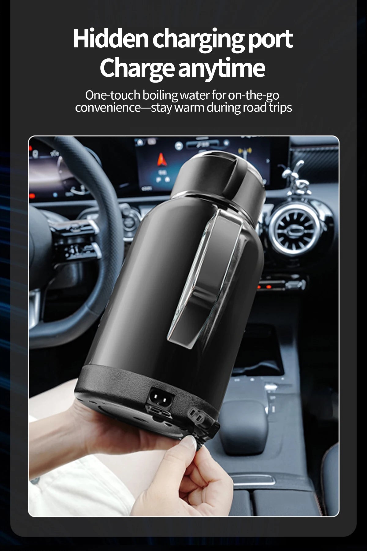 Gourde chauffante portable avec port de charge caché, idéale pour les voyages en voiture et l'eau chaude à portée de main