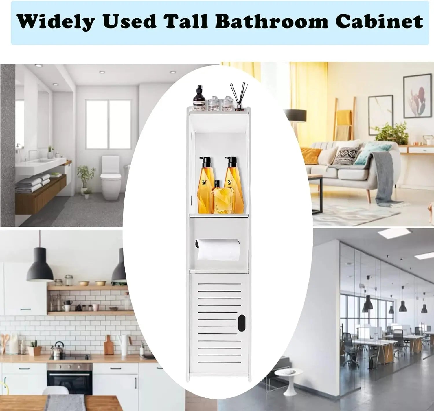Armoire de salle de bain haute blanche avec étagères et porte-rouleau, idéale pour rangement cosmétiques et produits de toilette