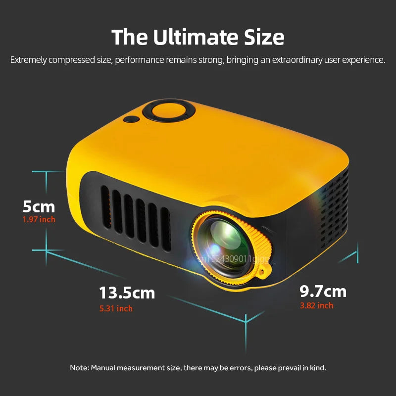 Projecteur portable compact jaune, 13,5 cm, high-tech, idéal pour cinéma maison ou voyage