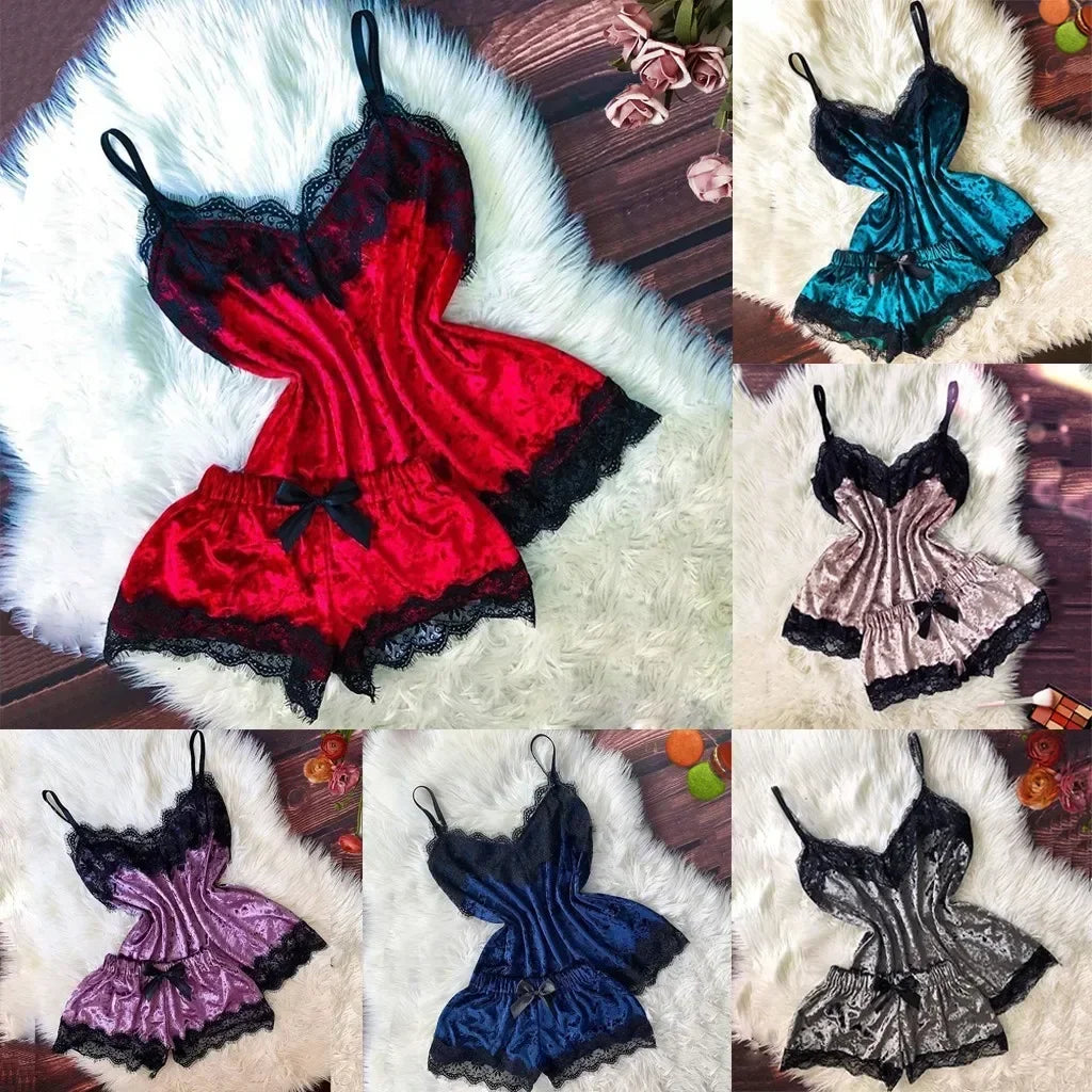 Été déshabillé en dentelle Sexy Satin pyjamas ensemble femmes chemise de nuit 2 pièces haut court et ensemble short et haut Homewear vêtements de détente