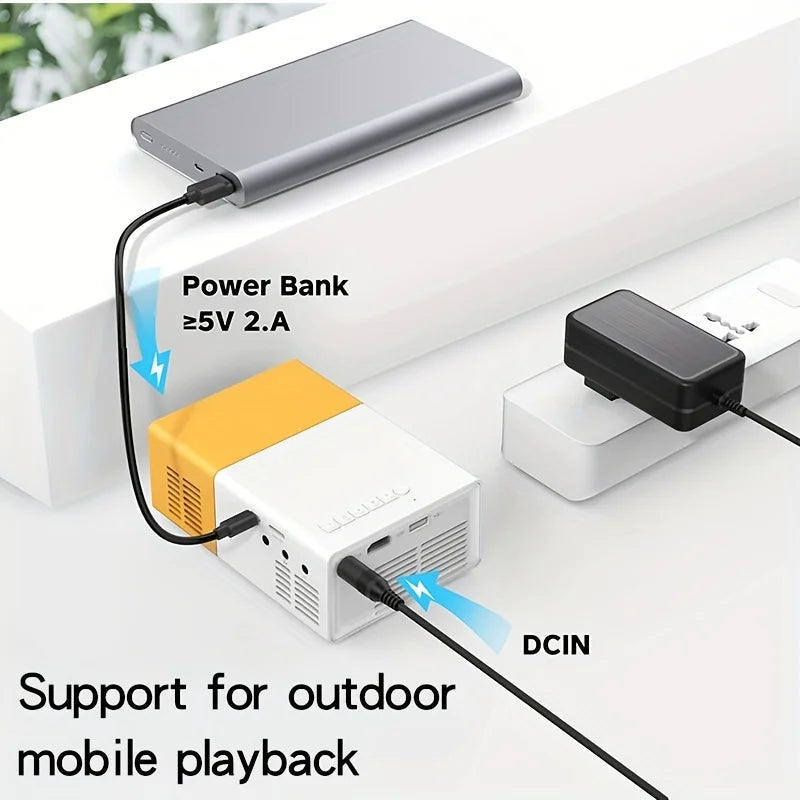 Mini projecteur portable avec batterie externe, idéal pour lecture mobile en extérieur, charge 5V 2A