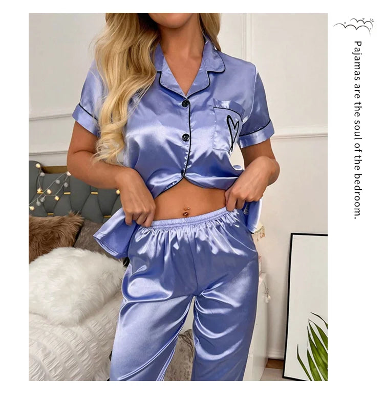 Ensemble de pyjama brodé en satin pour femme, poche, cœur, confortable, manches courtes, bouton, pantalon de salon, vêtements de nuit