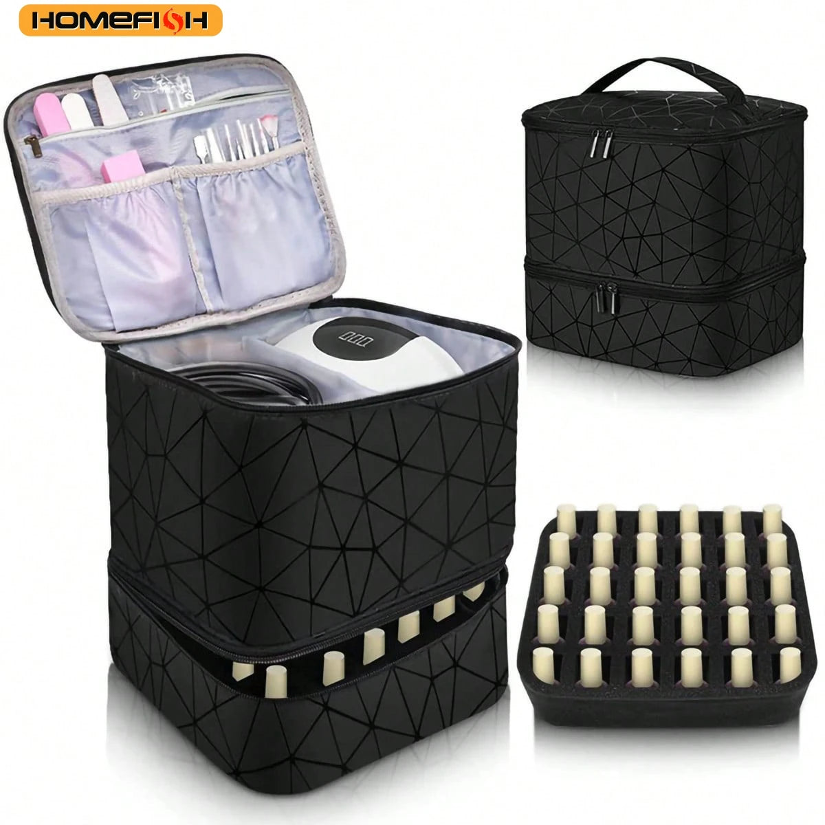 Sac de rangement portable HOMEFISH à double couche pour vernis à ongles, organiseur de voyage, boîte de rangement pour huiles essentielles, sac de rangement multifonction