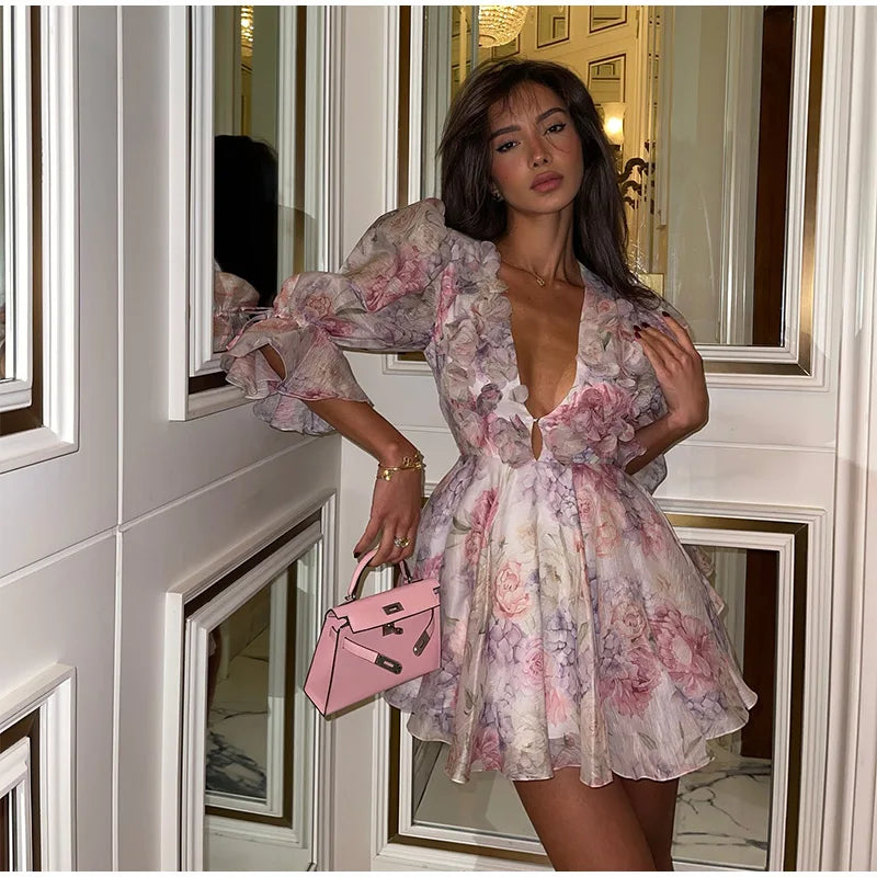 Femmes cravate-teinture 3D fleur col en V pleine sans manches Mini robes mode mince imprimé plusieurs plis robes nouvelle dame vêtements de vacances