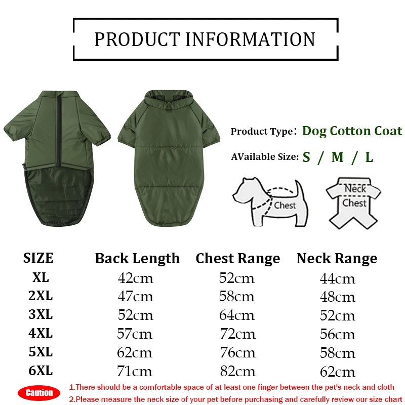 Manteau coton pour chien, tailles S à 6XL, vert olive, avec fermeture éclair et capuche