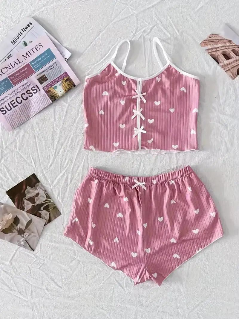 Vêtements de nuit femmes pyjamas ensemble coeur imprimé tissu côtelé doux avec glamour volants garniture décontracté Cami haut et short ensembles vêtements de détente nouveau