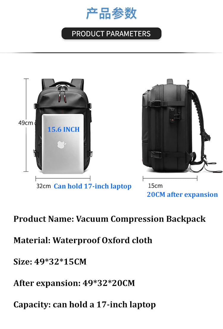 Sac à dos à compression sous vide pour ordinateur portable, sac à dos de voyage pour hommes, grande capacité, sac à dos scolaire, expansion, extérieur, SR, 17 pouces