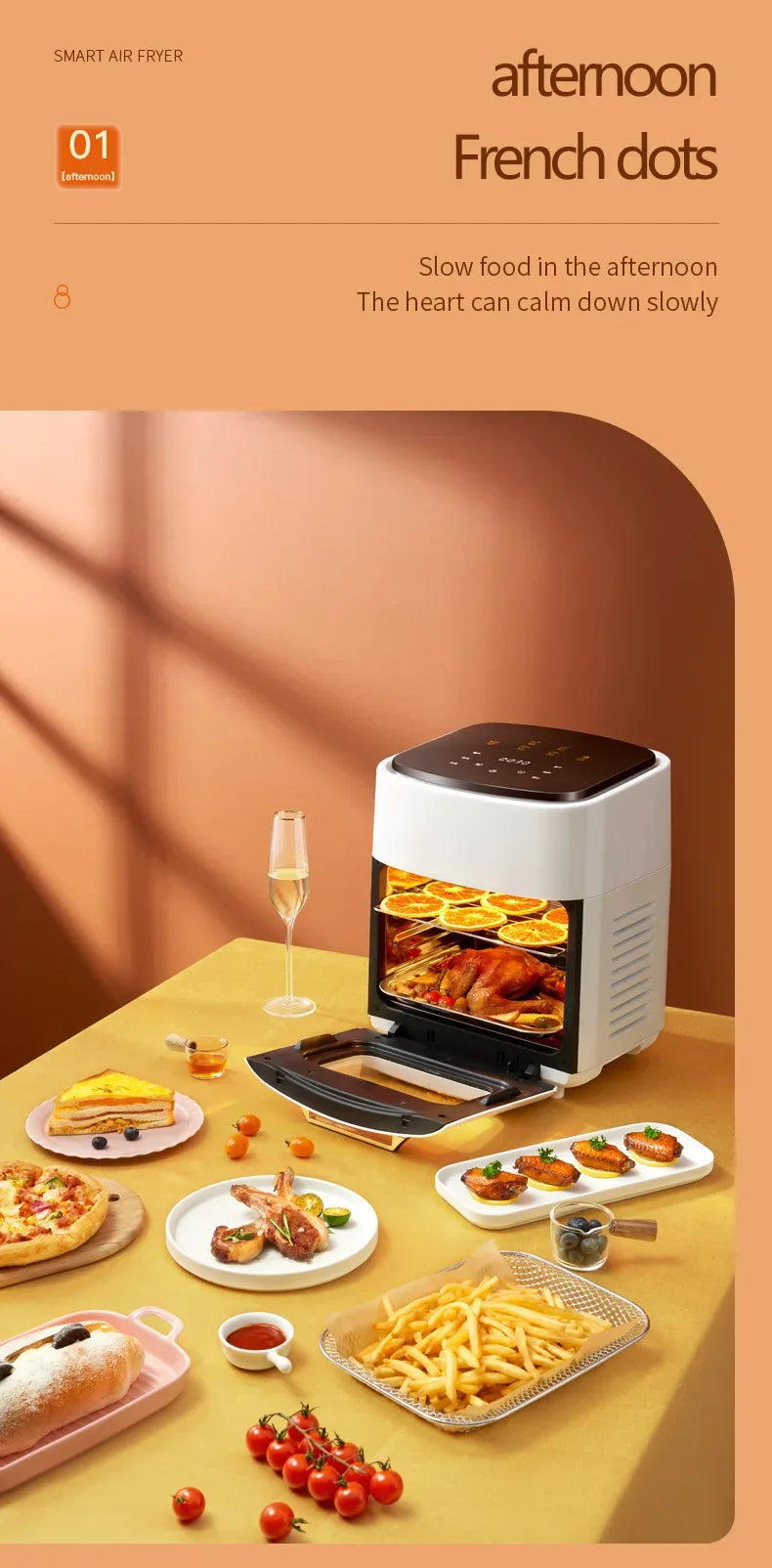 Friteuse à air chaud intelligente avec poulet rôti, frites et desserts sur table, idéale pour repas du soir ou goûter