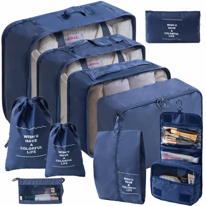 Ensemble de 10/7 pièces, organisateur de voyage, sacs de rangement, valise, Cubes d'emballage, étuis portables, garde-robe, bagages, vêtements, pochette à chaussures pliable