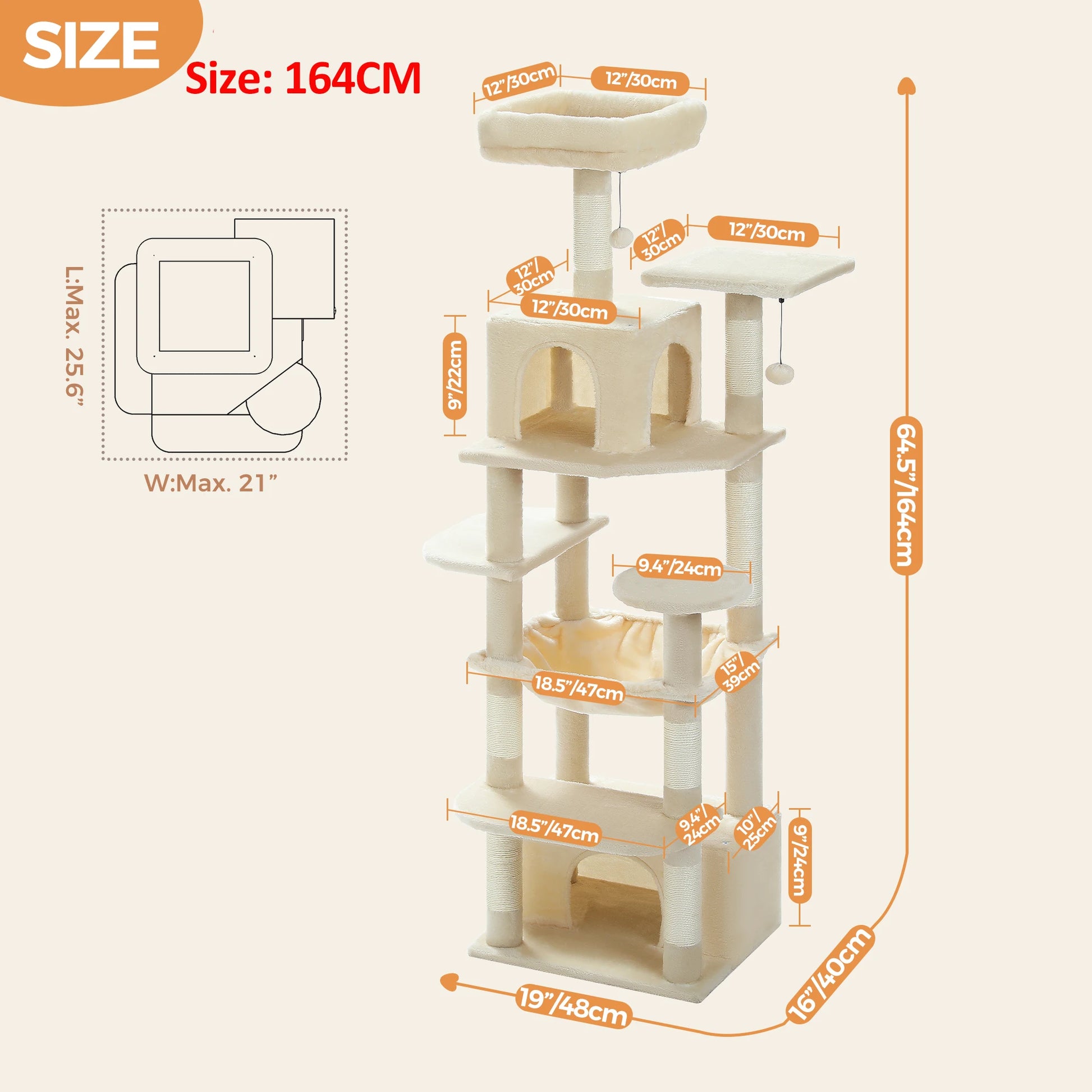 Arbre à chat beige 164 cm avec plateformes, griffoirs et niches, dimensions détaillées