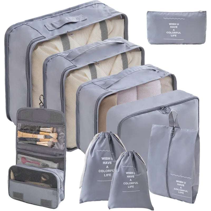Ensemble de 10/7 pièces, organisateur de voyage, sacs de rangement, valise, Cubes d'emballage, étuis portables, garde-robe, bagages, vêtements, pochette à chaussures pliable