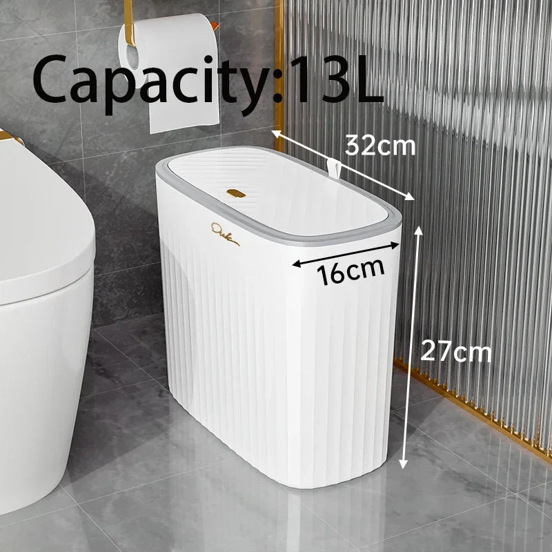 Poubelle de salle de bain blanche 13L, design moderne, dimensions 32x16x27cm, compacte et élégante