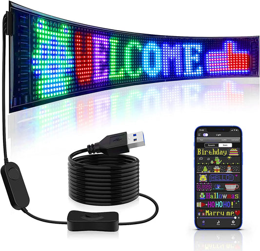 Bandeau LED RGB courbé avec contrôle via smartphone, câble USB et télécommande pour messages personnalisés et animations lumineuses