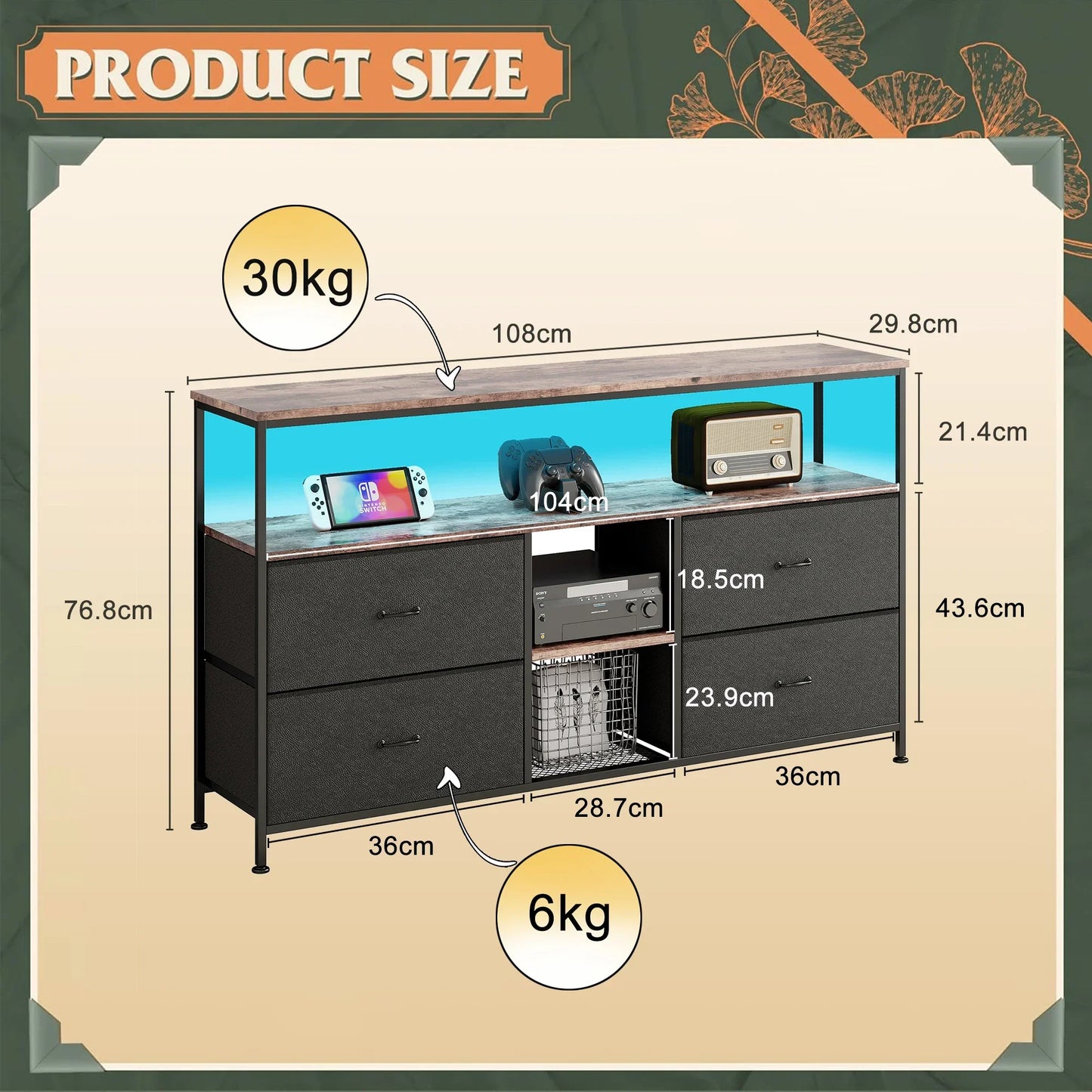 Rosahqnda Meuble TV avec 4 tiroirs, meuble TV, étagères réglables, table TV, meuble TV meuble de salon