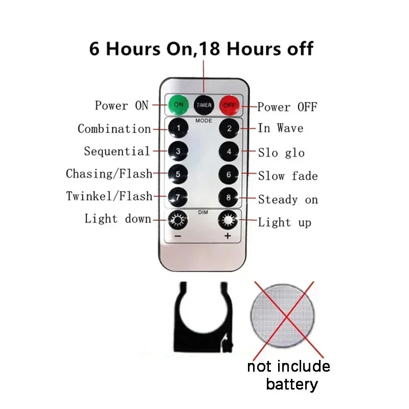 Télécommande LED avec 8 modes d'éclairage, minuterie 6h/18h, réglage luminosité, sans batterie incluse