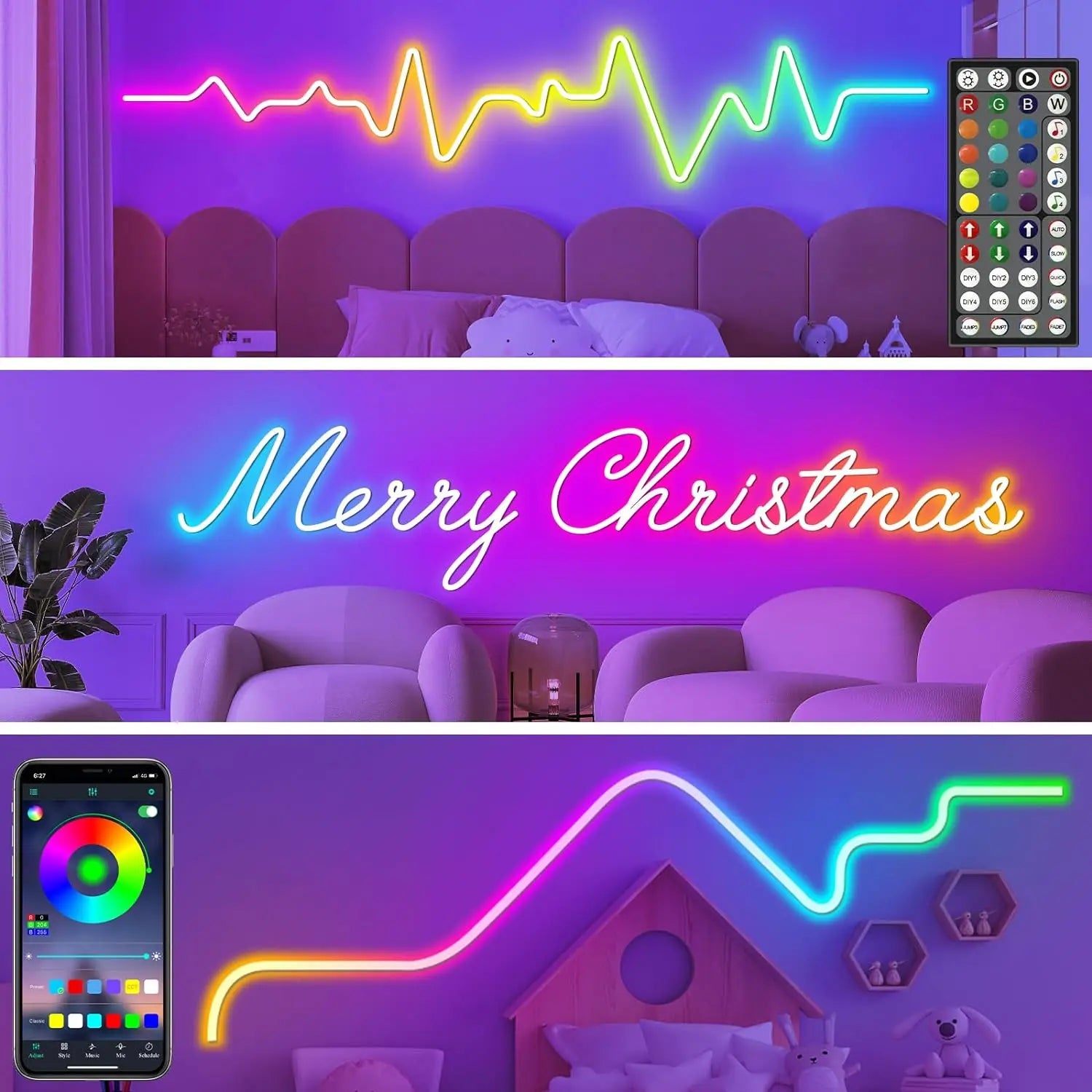 Enseigne néon LED multicolore avec télécommande et contrôle via smartphone, idéale pour décoration murale festive ou chambre