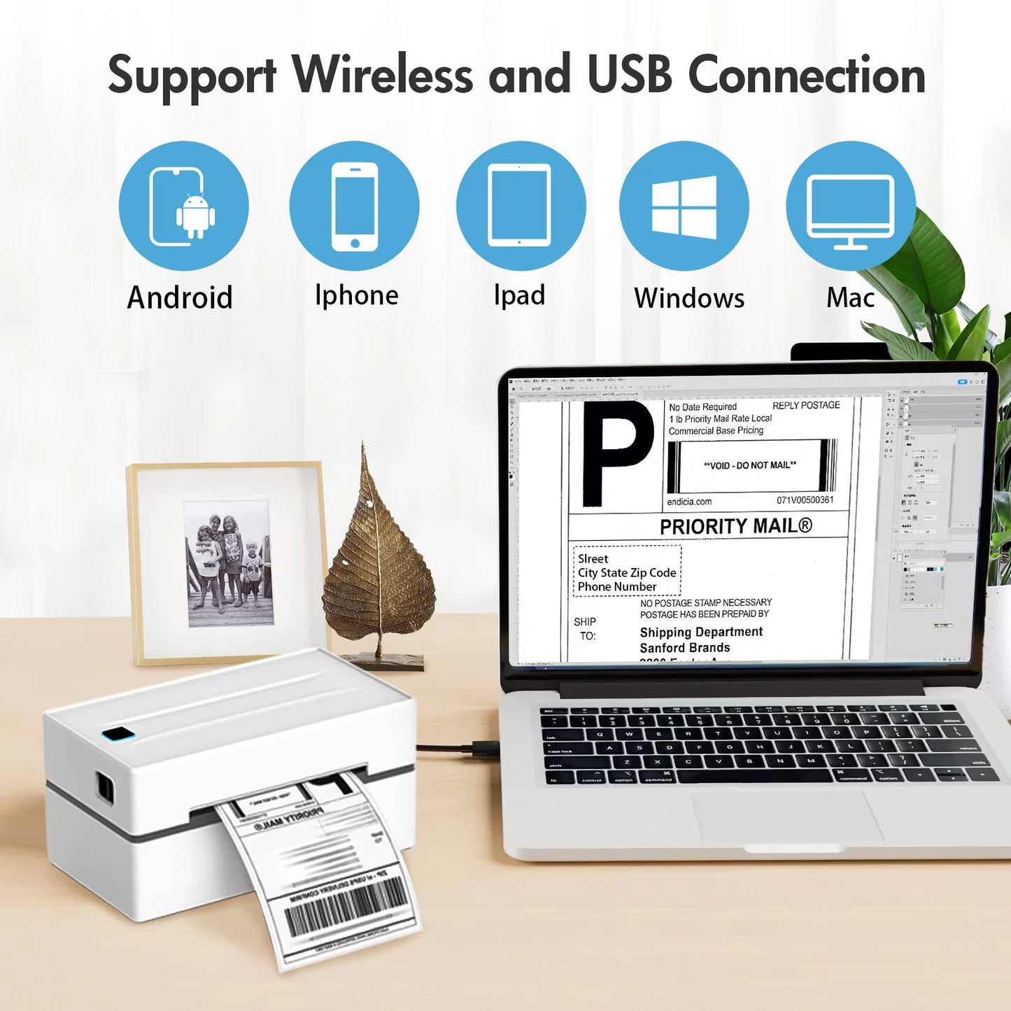 Imprimante d'étiquettes sans fil et USB pour Android, iPhone, iPad, Windows, Mac - impression de labels expédition