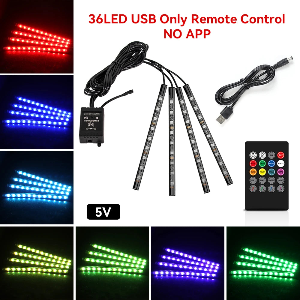 Kit de lumière d'ambiance pour intérieur de voiture, néon 36 48 72 LED, rétro-éclairage, application à distance, contrôle de la musique, lampe décorative d'ambiance RGB automatique