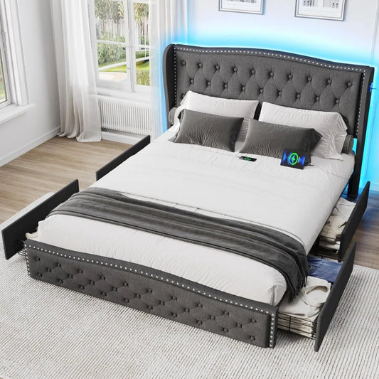 Vabches Cadre de lit LED queen size avec tiroirs de rangement et station de recharge, cadre de lit plateforme rembourré avec tête à oreilles