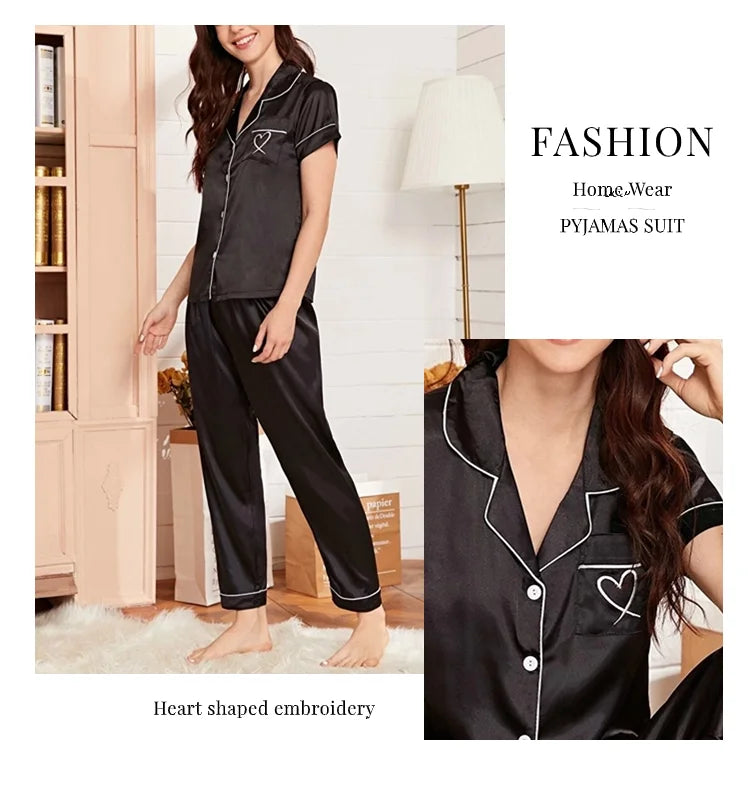 Ensemble de pyjama brodé en satin pour femme, poche, cœur, confortable, manches courtes, bouton, pantalon de salon, vêtements de nuit