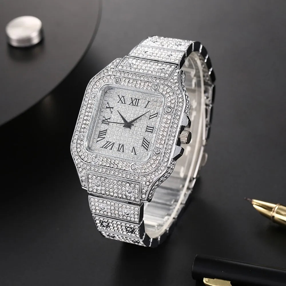 Classique luxe affaires hommes bracelet en acier carré échelle romaine strass montre à Quartz Lesiure homme montre-bracelet Relogio Masculino