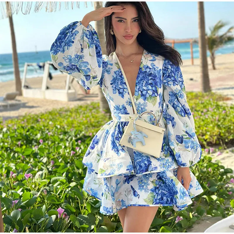 Femmes cravate-teinture 3D fleur col en V pleine sans manches Mini robes mode mince imprimé plusieurs plis robes nouvelle dame vêtements de vacances
