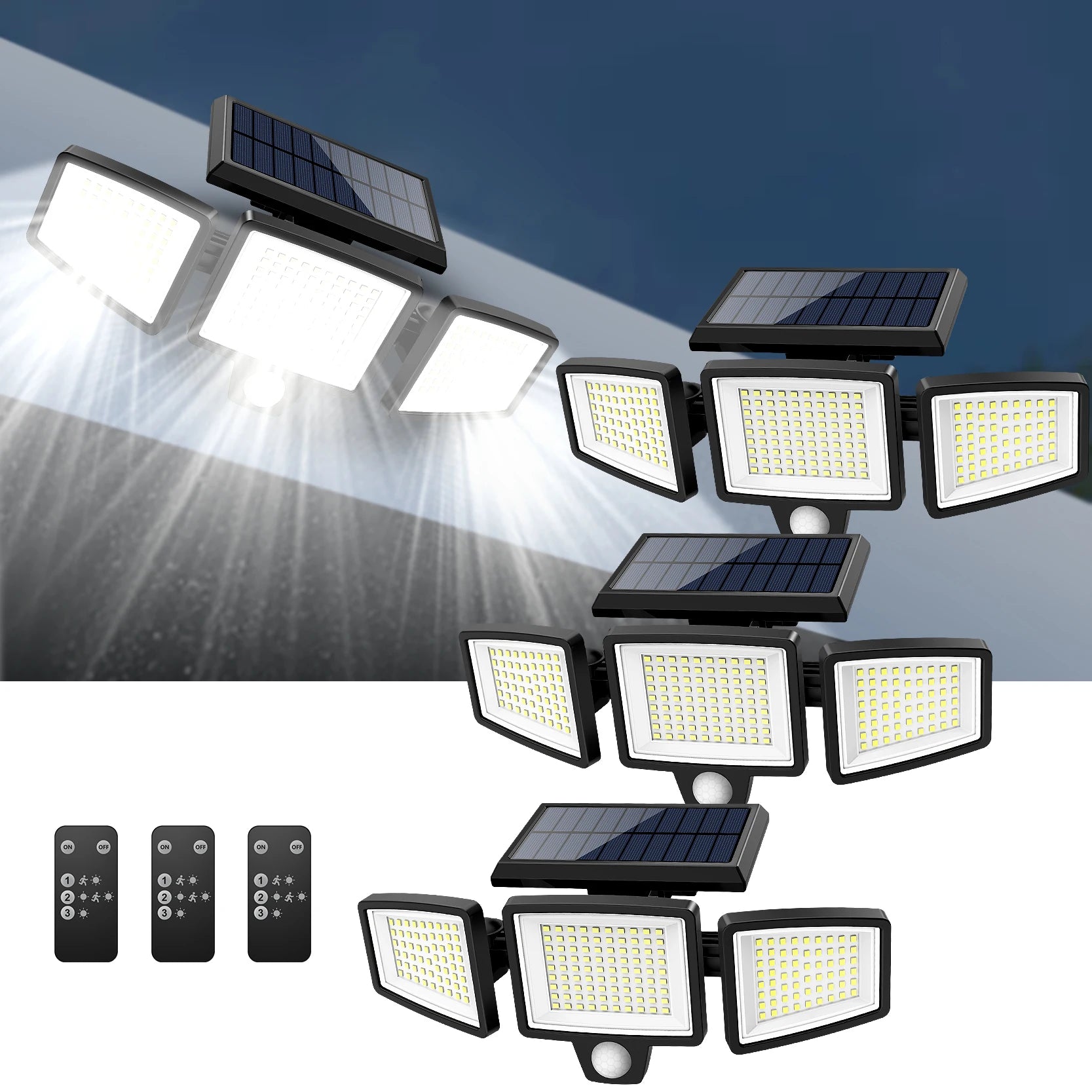 Projecteurs solaires LED extérieurs avec détecteur de mouvement et télécommande, éclairage puissant pour jardin ou allée