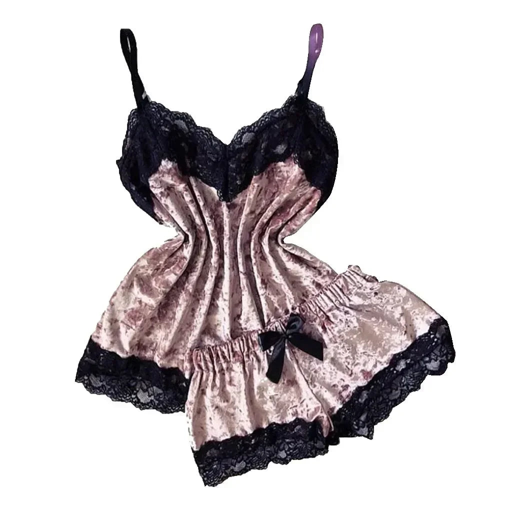 Été déshabillé en dentelle Sexy Satin pyjamas ensemble femmes chemise de nuit 2 pièces haut court et ensemble short et haut Homewear vêtements de détente