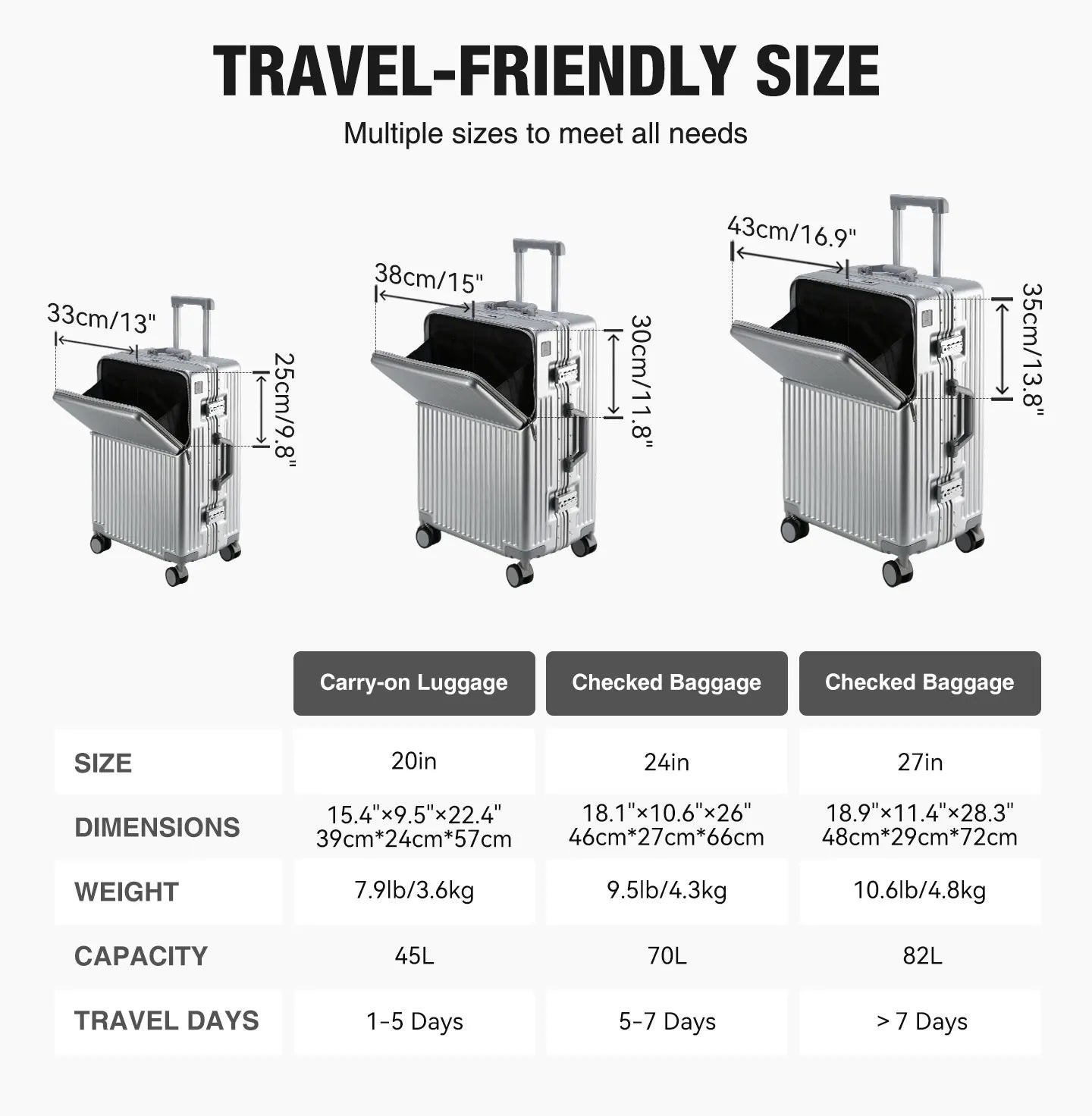 Valise rigide AIWEINY avec cadre en aluminium léger, 360 °   Valise de voyage/sur roulettes silencieuses, avec serrure TSA, avec port USB, 20/24/27 pouces