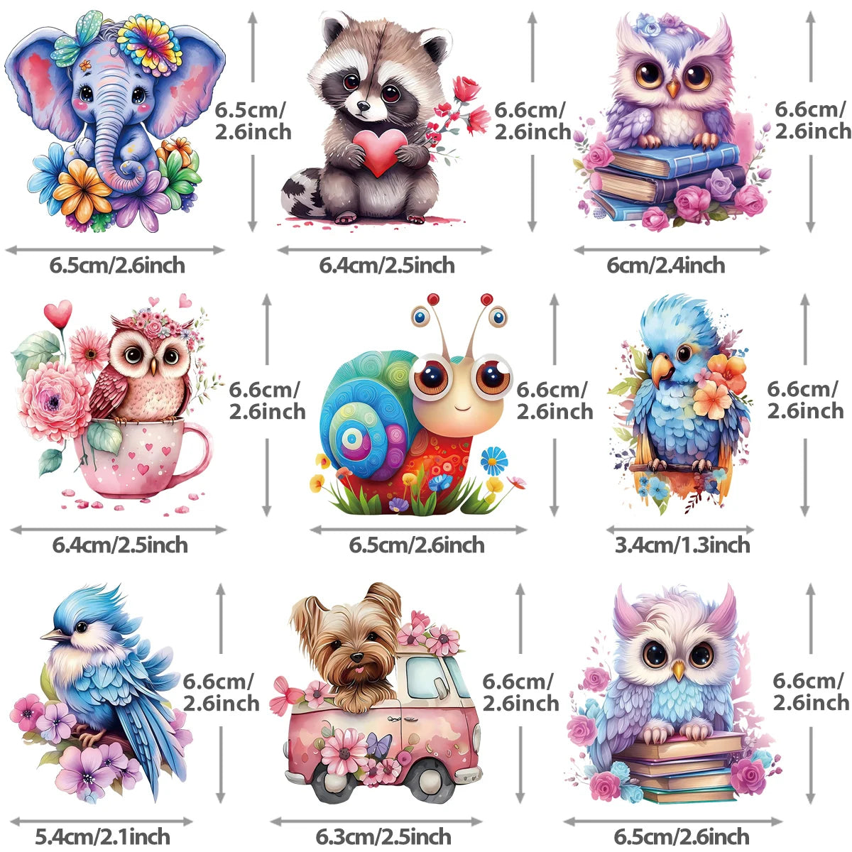 Stickers animaux mignons pour enfants, éléphant, hibou, escargot, chien, oiseau, dimensions précises