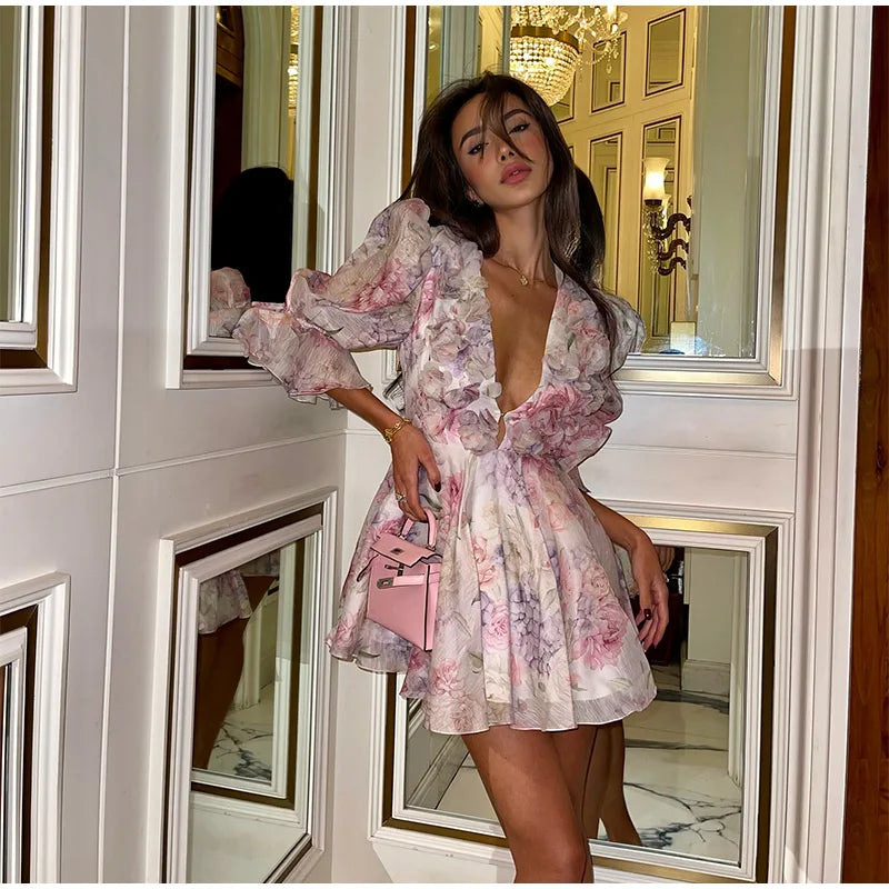 Femmes cravate-teinture 3D fleur col en V pleine sans manches Mini robes mode mince imprimé plusieurs plis robes nouvelle dame vêtements de vacances