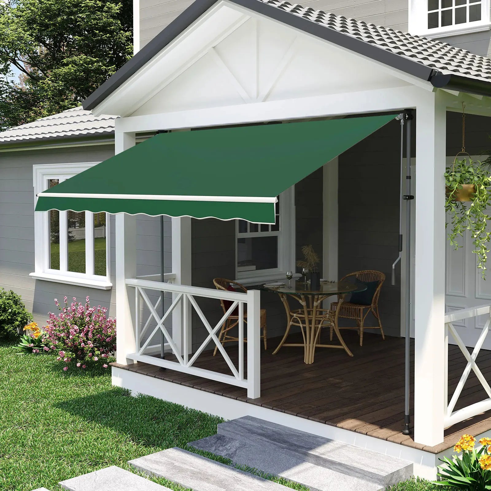 Auvent vert pour terrasse extérieure, protection solaire pour patio avec mobilier en rotin