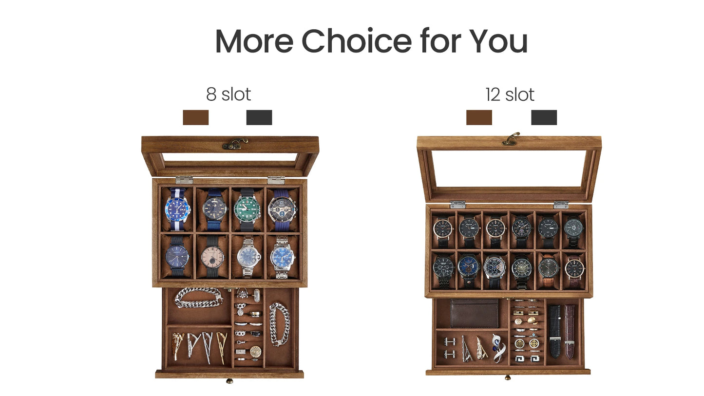 Boîte à montres en bois avec 8 ou 12 compartiments, rangement bijoux et accessoires, design élégant