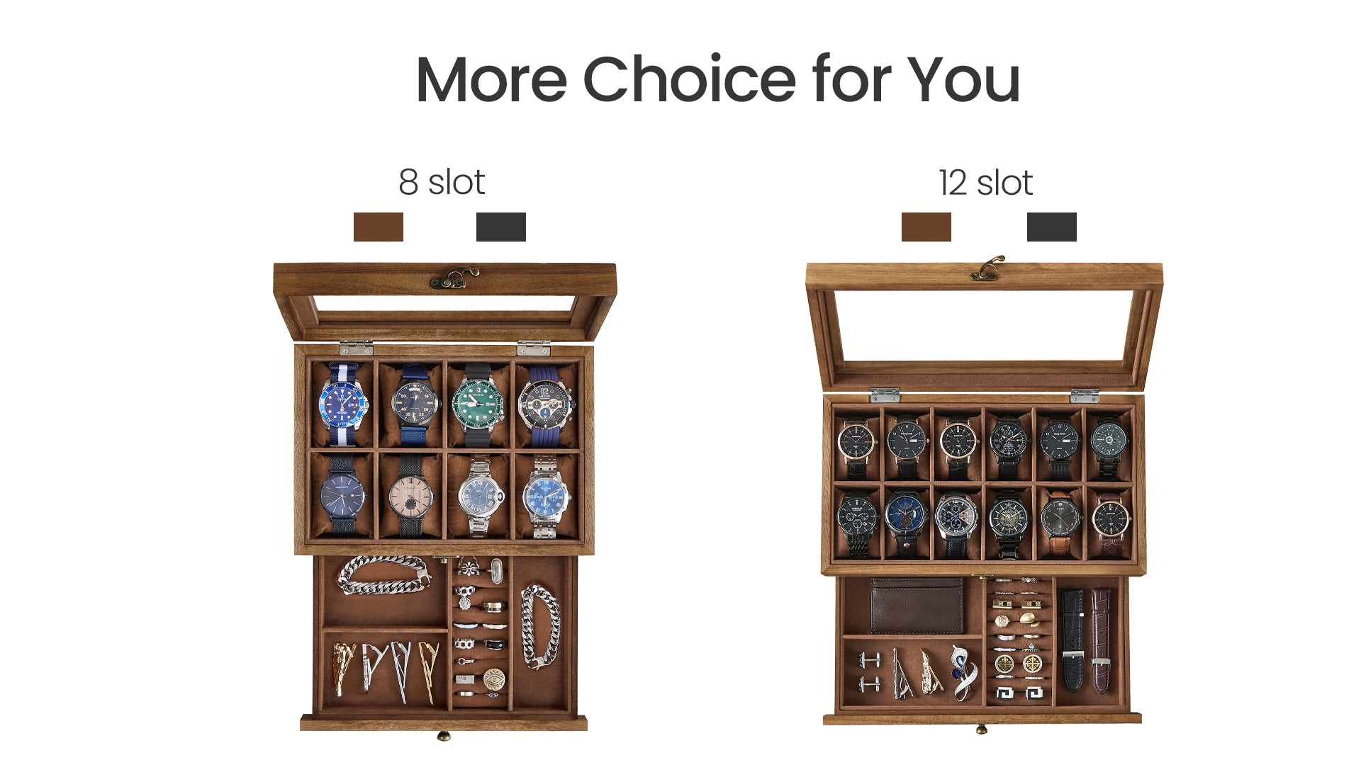 Boîte à montres en bois avec 8 ou 12 compartiments, rangement bijoux et accessoires, design élégant