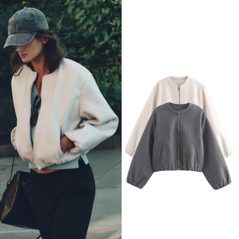 Blouson aviateur rétro à manches longues pour femmes, manteau à col rond, ourlet élastique, fermeture éclair, mode féminine, doux, automne, hiver