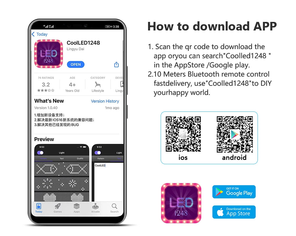 Application CoolLED1248 pour contrôle LED via Bluetooth, téléchargeable sur iOS et Android avec QR code