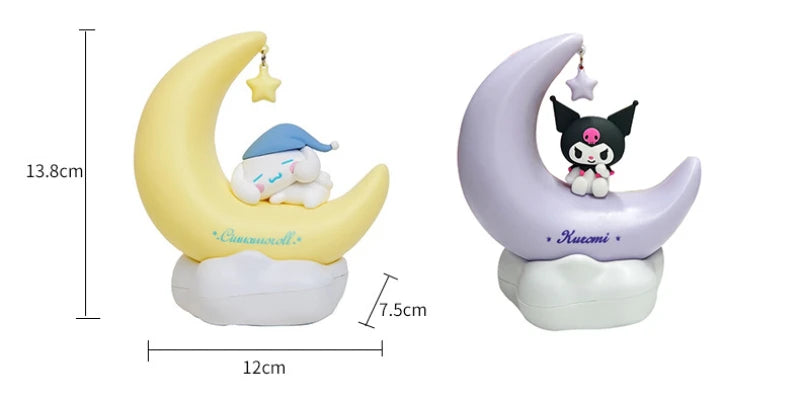 Statuettes Cinnamoroll et Kuromi sur lune, décor chambre enfant, 13.8 cm, gadgets mignons