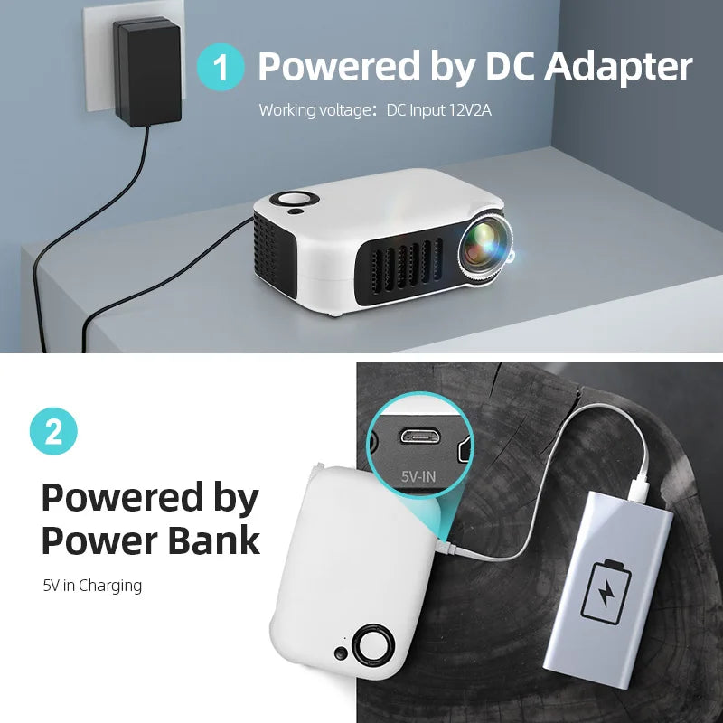 Projecteur portable blanc alimenté par adaptateur DC ou banque d'alimentation 5V, idéal pour cinéma maison