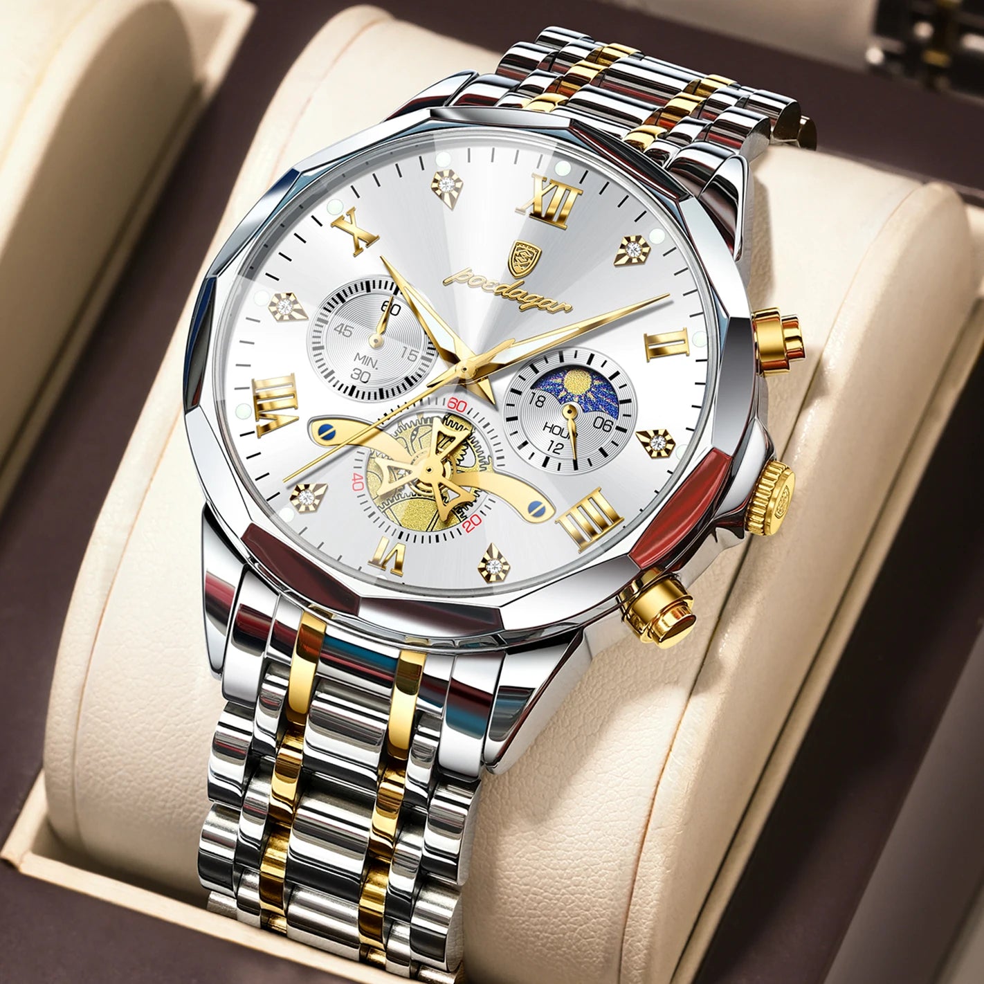 POEDAGAR Montre de luxe pour homme, étanche, chronographe lumineux, montre sport pour homme, acier inoxydable, montre à quartz tendance pour homme, Reloj