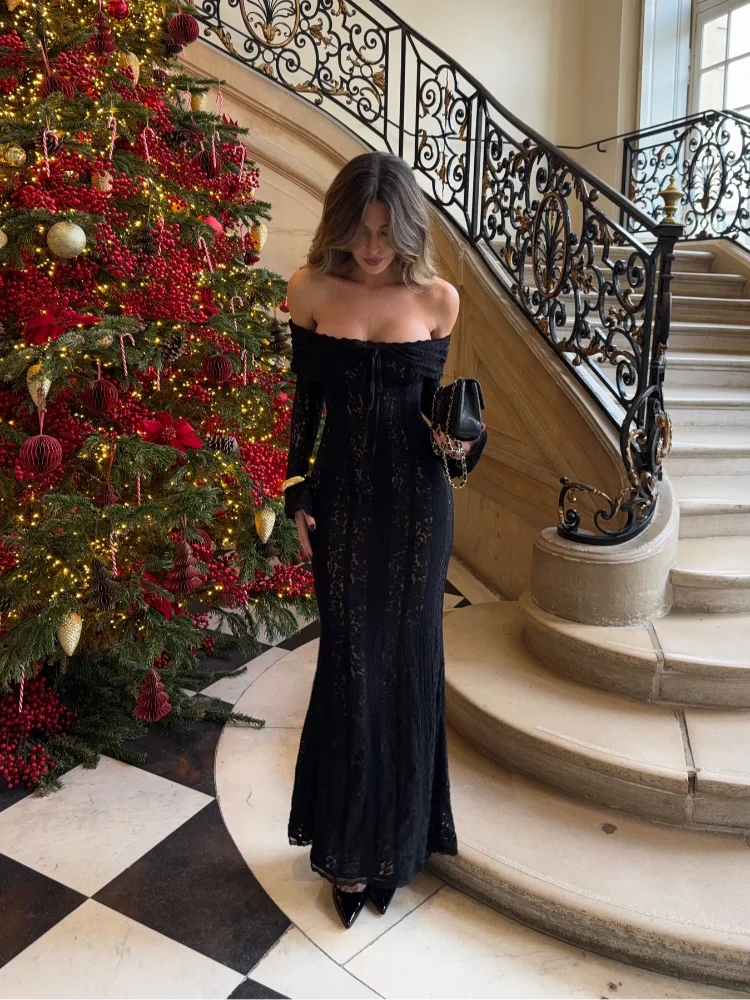 Suninheart Robe Longue Blanche Épaules Dénudées pour Événements - Robe de Soirée Rouge Manches Longues en Dentelle Élégante 2025 - Robe de Mariage Luxueuse, Robe de Bal pour Femmes